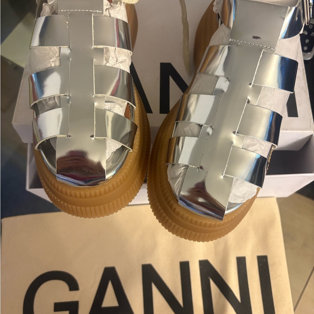 Ganni Silver Strappy Sandals new in the box sz 10 - Picture 12 of 14
